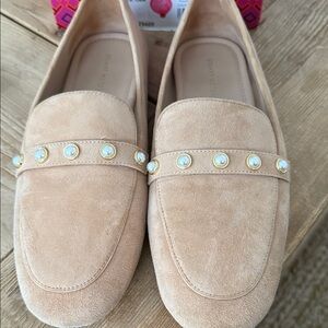 Stuart Weitzman Tan Loafers with Pearl Accents